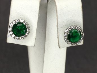 Lovely Brand New Sterling Silver / 925 Button Earrings With Tsavorite Encircled With Sparkling White Zircons