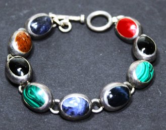 Heavy Vintage Mexican Sterling Silver Link Bracelet Having Cabochon Stones