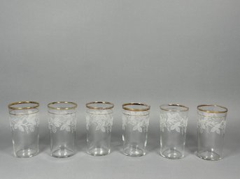 Six Vintage Etched Glasses With Gold Rim