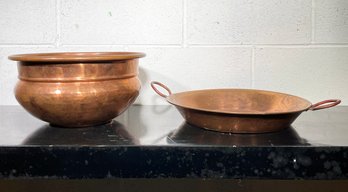 A Pair Of Large Vintage Copper Vessels - Paella Pan And Mixing Bowl