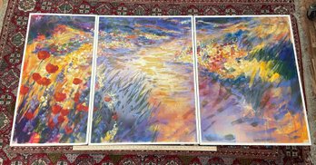 3 Embellished Floral Prints Signed 28x37 And 19x37