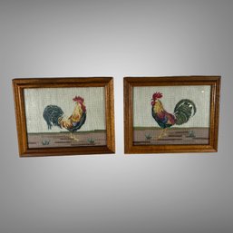 Pair Of Vintage Needlepoint Roosters Country Kitchen Decor