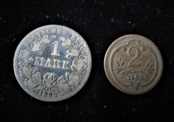 1882 German 1 Mark Silver, 1903 German 2 Phennig