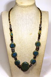 Vintage Turquoise Glazed Pottery Beaded Necklace 20' Long