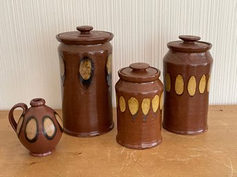 Lot Of 4 Brown Slipware Pottery Canisters With Jug Redware