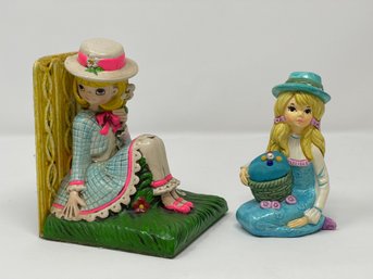 Vintage Girl Figurine Holding A Pin Cushion And Earl Bernard Chalkware Girl Bookend, Made In Japan