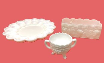 Indiana Glass Milk Glass Deviled Egg Dish And Creamer & Anchor Hocking Fire King Grapevine Planter
