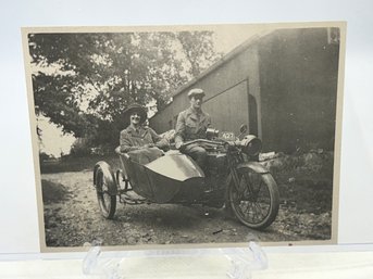 Antique Dated 1920 Photograph- Motorcycle Courier With Passenger In Side Car