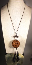 Vintage Chinese Hand Carved 'ball In A Ball' Wood Pendant On Silk Cord