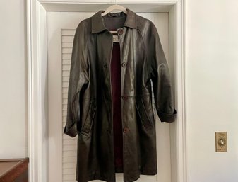 Vintage Mid Length Deep Brown Leather Coat, Size M