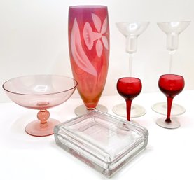 Etched Art Glass Vase, Wine Glasses, Pedestal Depression Glass Bowl & Engraved Covered Box