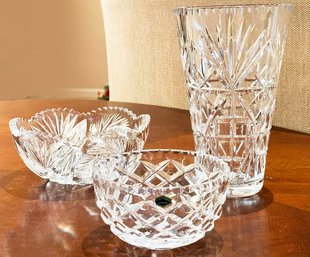 European Lead Crystal:  A Vase And Two Bowls