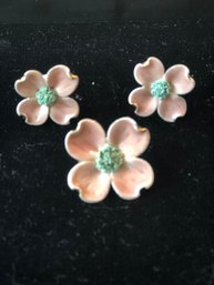 Vintage Clip On Earrings & Brooch Dogwood Flower Set - Excellent Condition!