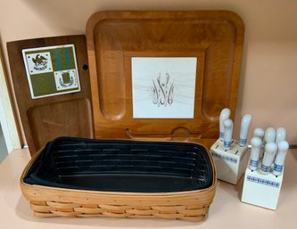 2 Cheese Boards, Longaberger Basket With Liner & Cheese Spreaders