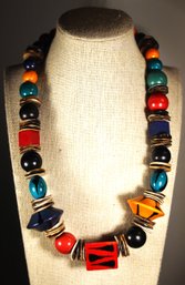 1980s Colorful Wood Beaded Necklace Having Brass Clasp 21' Long