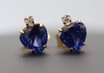Beautiful Heart Shaped Sapphire Stud Earrings In 10k Yellow Gold