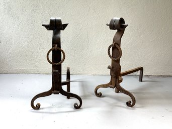 A Great Pair Of Vintage Arts & Crafts Andirons In Wrought Iron
