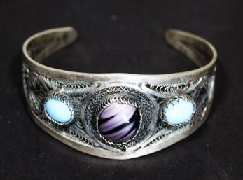 Wide Sterling Silver Filigree Cuff Bracelet Purple & Blue Glass Stones