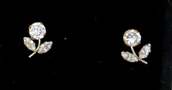 Vintage 10 K Karat Gold - Flower Bud Stem Leaves Pierced Earrings Faux Diamonds - 3/8 Inch H X 5/16 Wide