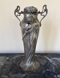 Antique Austrian Albert Kohler Art Nouveau Two Handled Pewter Maiden Vase With Figures In Relief