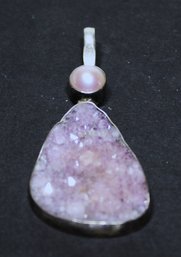 Signed Sterling Silver Rose Quartz Geode Pearl Pendant PM Designs 2 1/2' Long