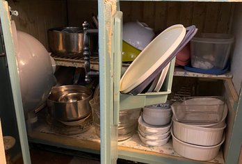 Two Cabinets Full Of CorningWare, Pyrex, Strainers And More