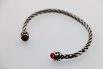 Sterling Silver Cable Red Stone Cuff Bracelet