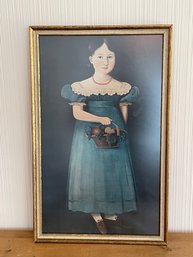 Folk Art Lithograph Of A Young Girl Dressed In Blue Holding A Basket Of Fruit