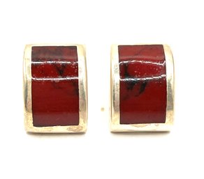 Beautiful Mexican Sterling Silver Polished Red Stone Inlay Earrings