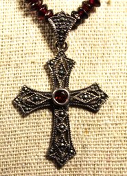 Bohemian Garnet & Sterling Silver Cross Pendant Beaded Necklace