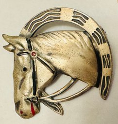 VINTAGE STERLING SILVER HORSE AND HORSESHOE BROOCH BY UNCAS