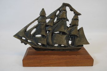 Vintage Mini 1960s Cast Iron Schooner Ship Mounted On Wood Block