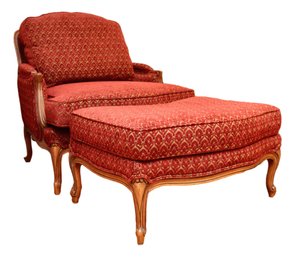 Ethan Allan  Ruby And Gold Cut Velvet  Loius XV Versailles Chair And Ottoman  1of 2