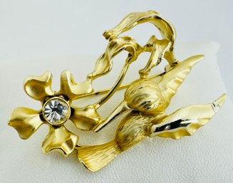 VINTAGE SIGNED GOLD TONE HUMMINGBIRD RHINESTONE BROOCH