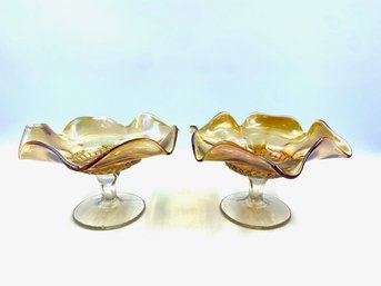 Pairing Of Vintage Ruffled Edge Marigold Luster Carnival Glass Compotes