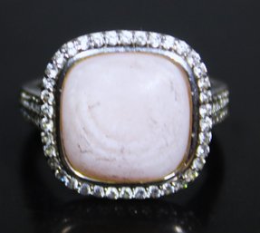 Fine Sterling Silver Ladies Ring Cabochon Pink Stone White Gemstones Ring Size 5.75