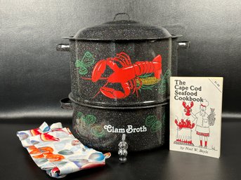 A Great Speckled Enamelware Lobster Steamer, Chef's Apron & Recipe Book