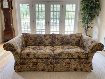 Ethan Allen Fully Upholstered Floral Skirted Sofa ( Comes With An Off White Cotton Slipcover )