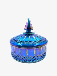 Vintage Blue Carnival Glass Princess Candy Box W/ Lid