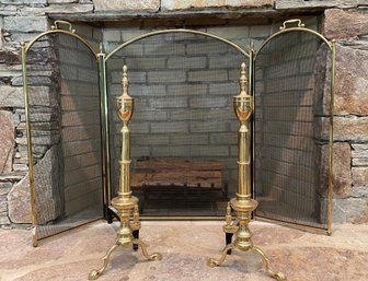 Vintage Brass Fireplace Andirons & Folding Screen