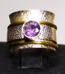 Modernist Sterling Silver Wide Articulated Ring Band Genuine Amethyst Stone Size 5