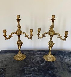 Pair Of Vintage / Antique Elaborately Decorated Figural Brass Four Light Candelarbras / Epagnes On Footed Base