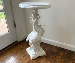 Mid Century Signed White Porcelain Heron Pedestal Sculpture