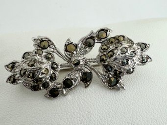 STERLING SILVER MARCASITE SIGNED BB FLOWER BROOCH