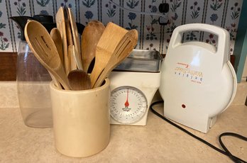 Waffle Iron, Food Scale, Wooden Spoons / Spatulas And Water Pitcher