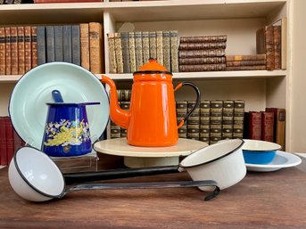 Various Vintage Enamelware Including A Coffee Pot, Ladles, Bowls & Happy Birthday Cake Turntable