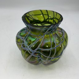 Stunning Loetz Green Iridescent Threaded Art Glass Vase