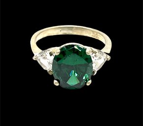 Gorgeous Sterling Silver And Large Emerald Stone Ring With Two Clear Stones, Size 6