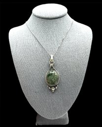 Vintage Italian Sterling Silver Chain With Large Ornate Green Agate Stone Pendant