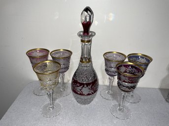 Stunning Cut To Clear Colored Cordial Decanter Set